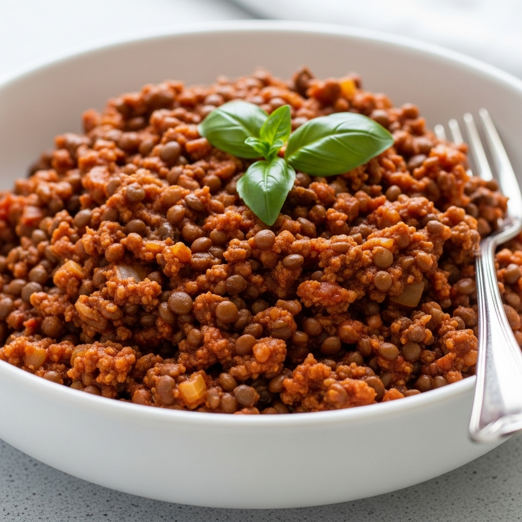 Close-up of the delicious vegan lentil bolognese