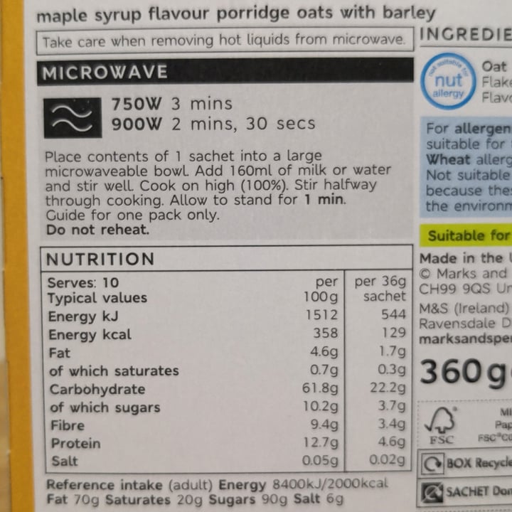 photo of Marks & Spencer Food (M&S) Porridge Sachet Maple Syrup Flavour shared by @torero on  21 Mar 2024 - review