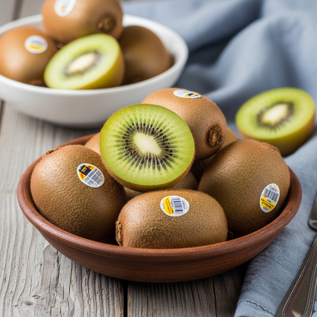 A group of organic kiwis in a rustic bowl, suggesting abundance and natural sourcing.