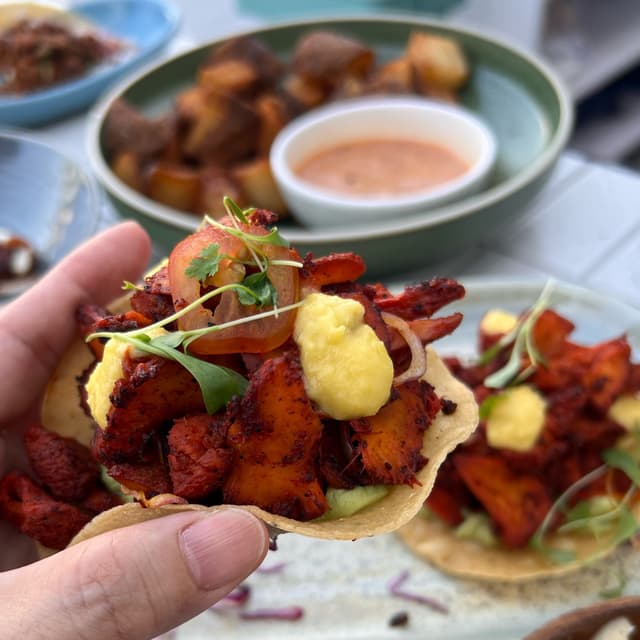 Photo of the dish “Achiote Lion’s Mane Tostadas”