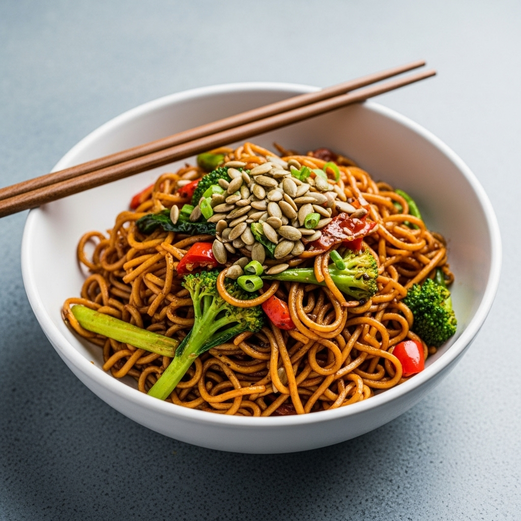 A vibrant bowl of Koka-inspired black pepper fried noodles, topped with mixed vegetables and seeds.