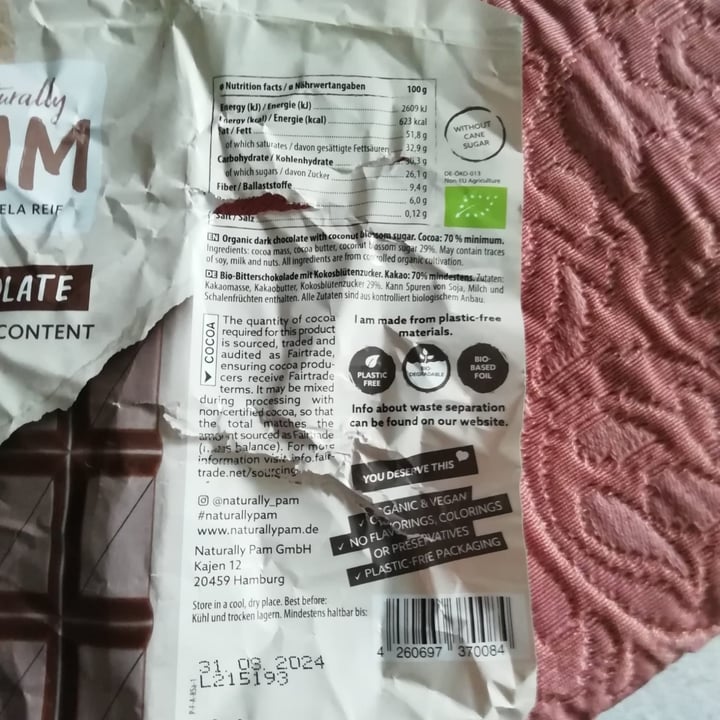 photo of Naturally Pam dark chocolate 70% shared by @francescaglad7 on  12 May 2024 - review