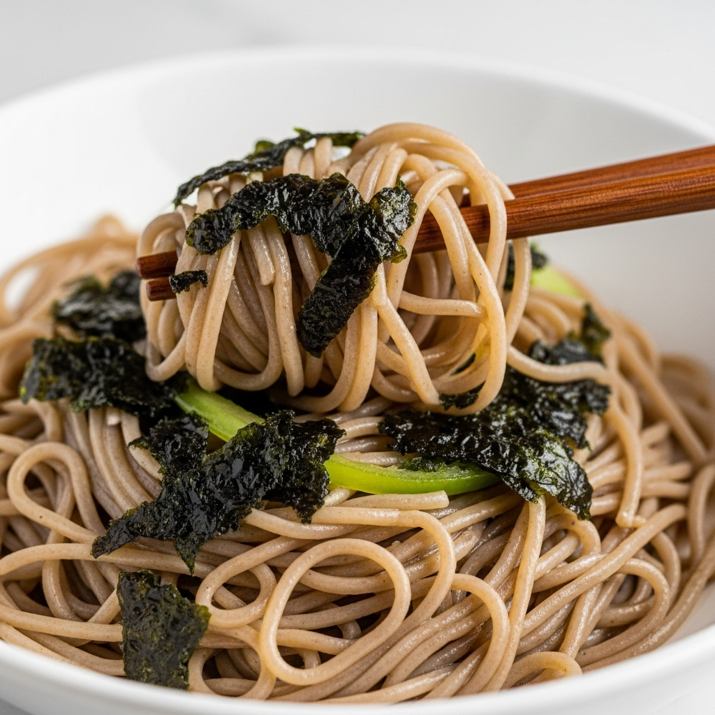 Close-up of cooked buckwheat noodles with seaweed
