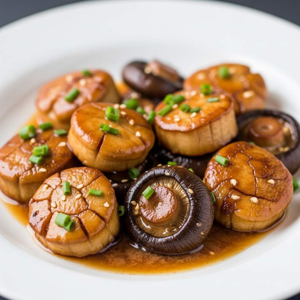 Close-up of freshly prepared vegan king oyster mushroom scallops, glistening with miso glaze.