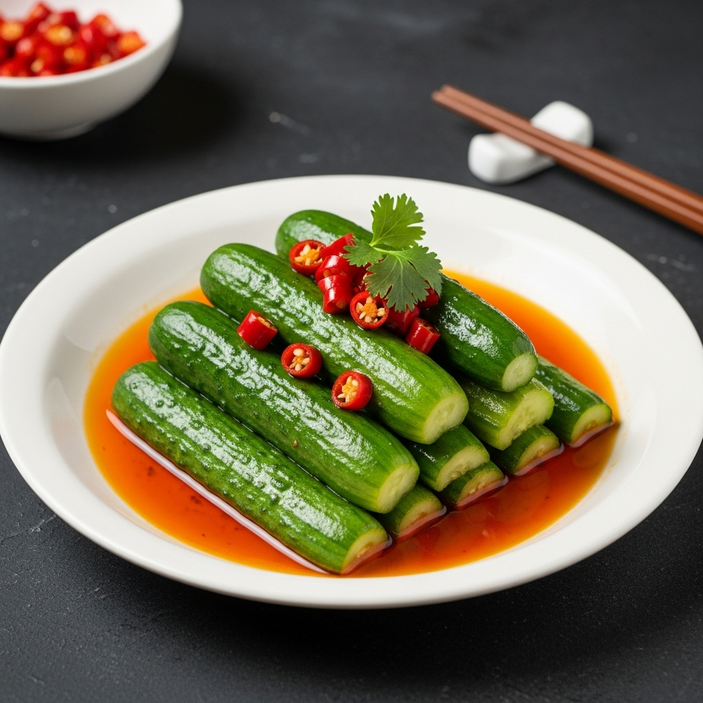 Beautifully plated spicy garlic chili oil cucumbers, showcasing the vibrant green and rich red oil.