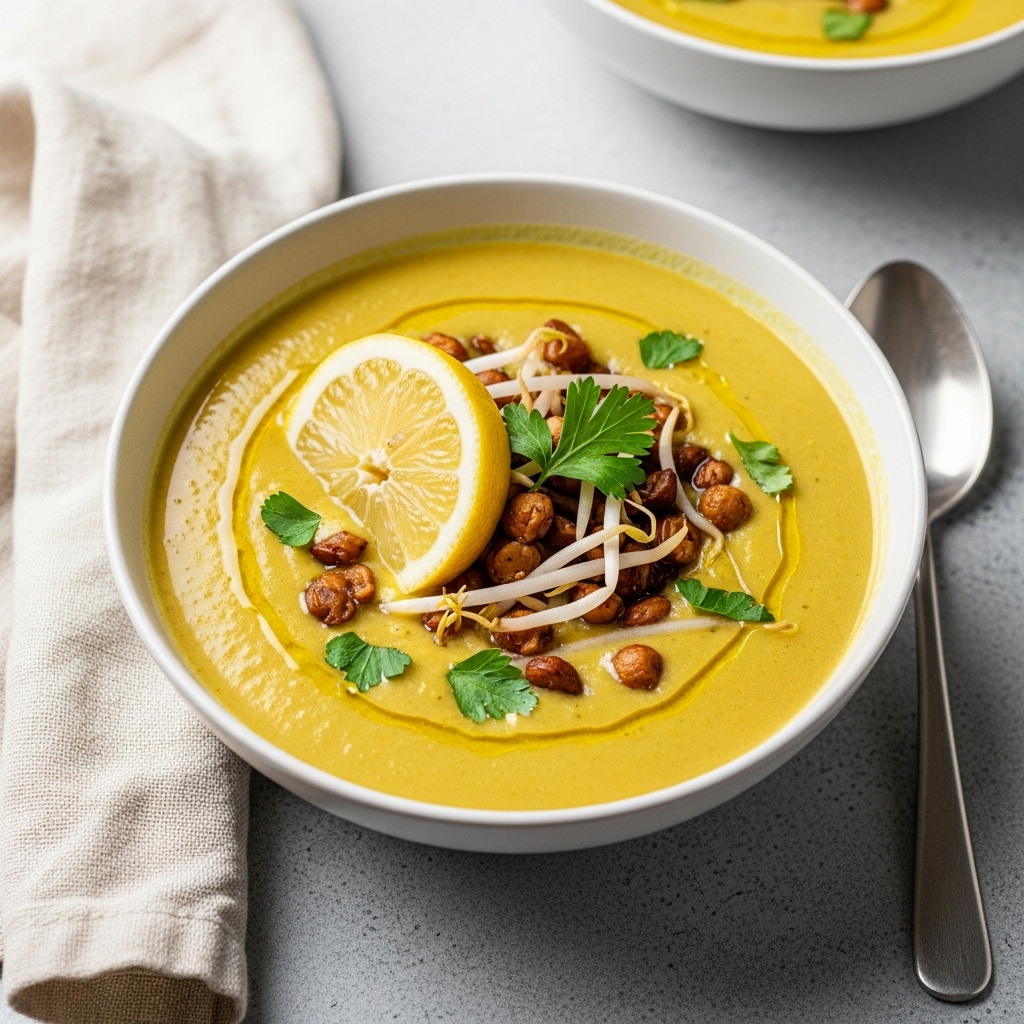 A full bowl of vibrant vegan lemon tahini soup, ready to be enjoyed.