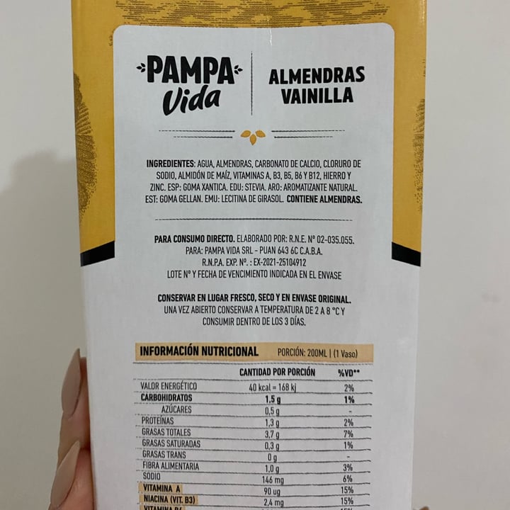 photo of Pampa Vida Leche de Almendras y Vainilla Sin Azúcar Agregada con Stevia shared by @marynasalas on  30 May 2024 - review