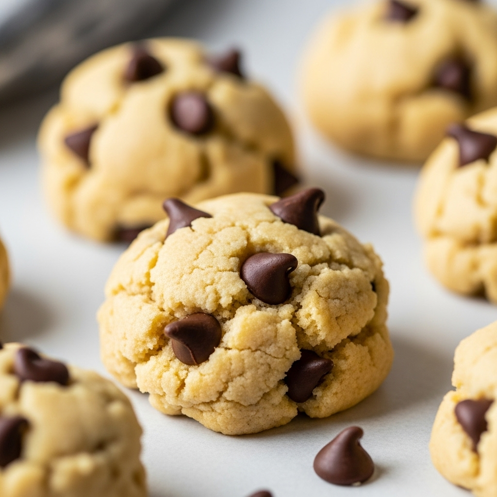 Close-up of fluffy vegan chocolate chip cookie dough, ready for baking.