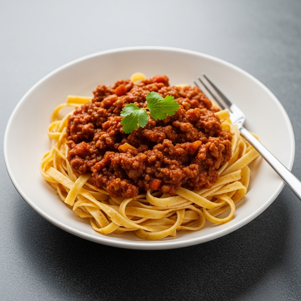A delicious bowl of vegan fettuccine bolognese, beautifully plated and ready to enjoy.