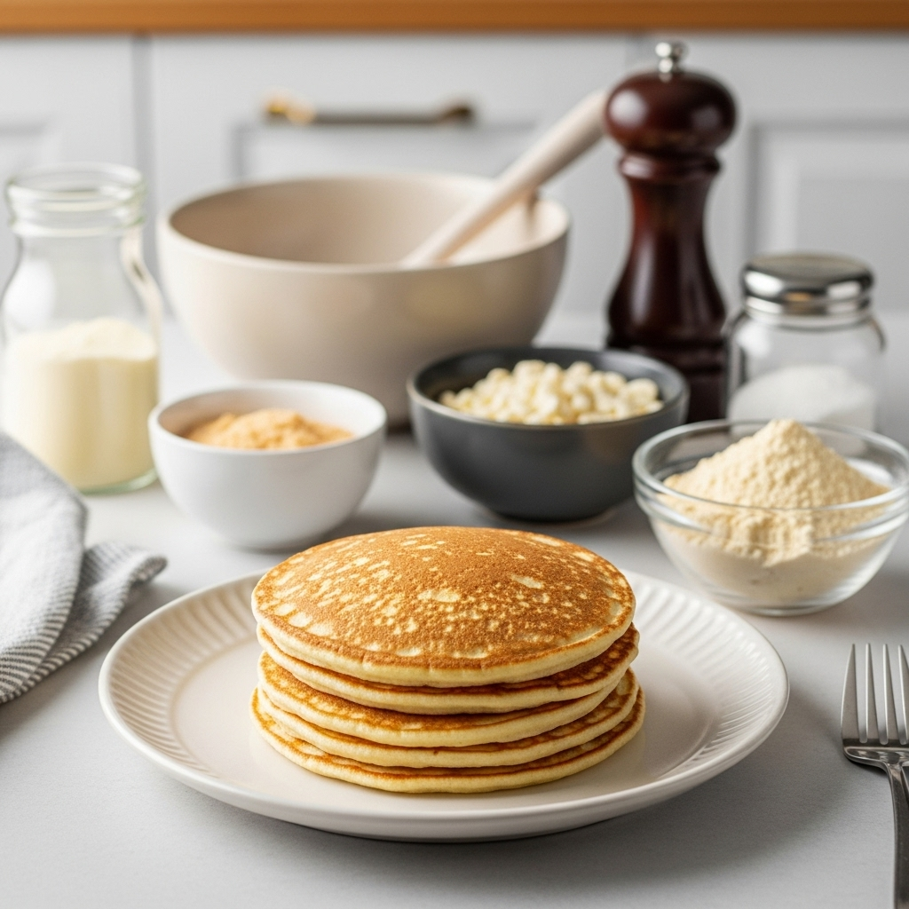 Pancake ingredients on a kitchen counter