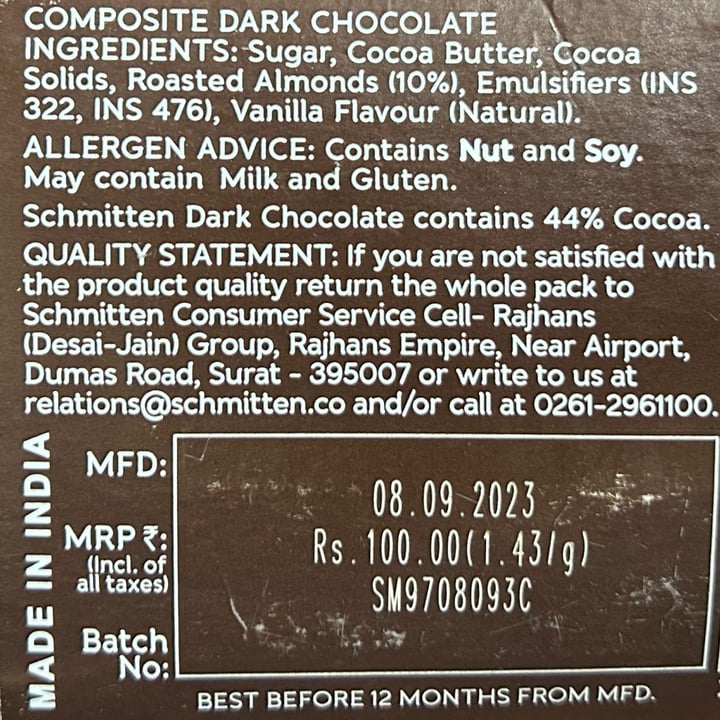 photo of Schmitten Dark Chocolate shared by @plantbasedratna on  21 Jun 2024 - review