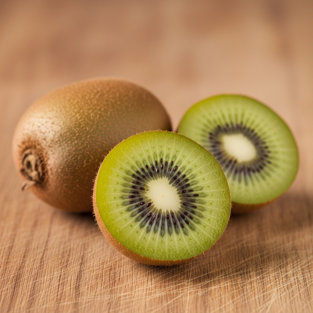 Two organic kiwis, one whole and one sliced, presented on a wooden surface, highlighting their simple beauty.