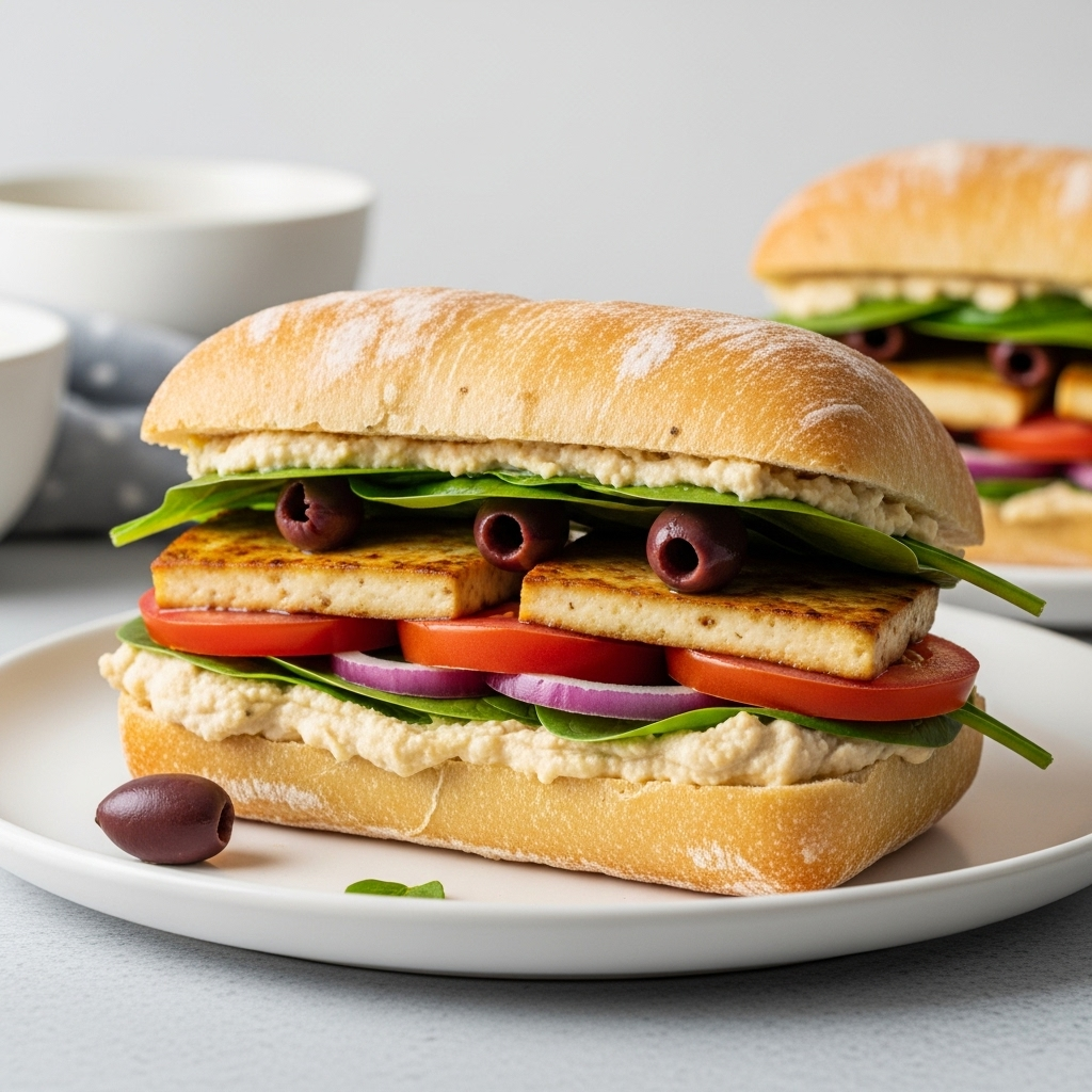 A delicious Greek-inspired vegan tofu sandwich on ciabatta bread, showing layers of hummus, tomatoes, spinach, baked tofu, and olives.
