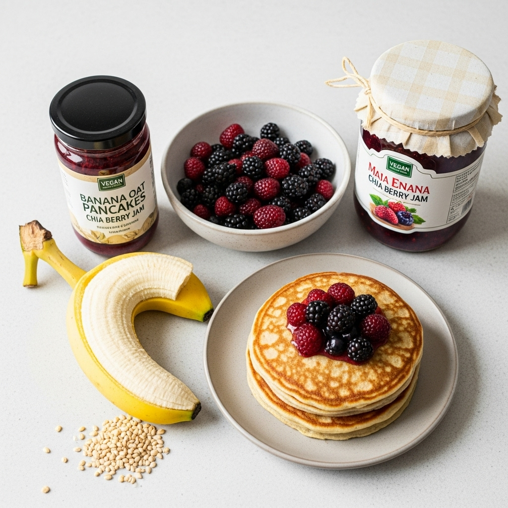 Ingredients for Vegan Banana Oat Pancakes and Chia Berry Jam
