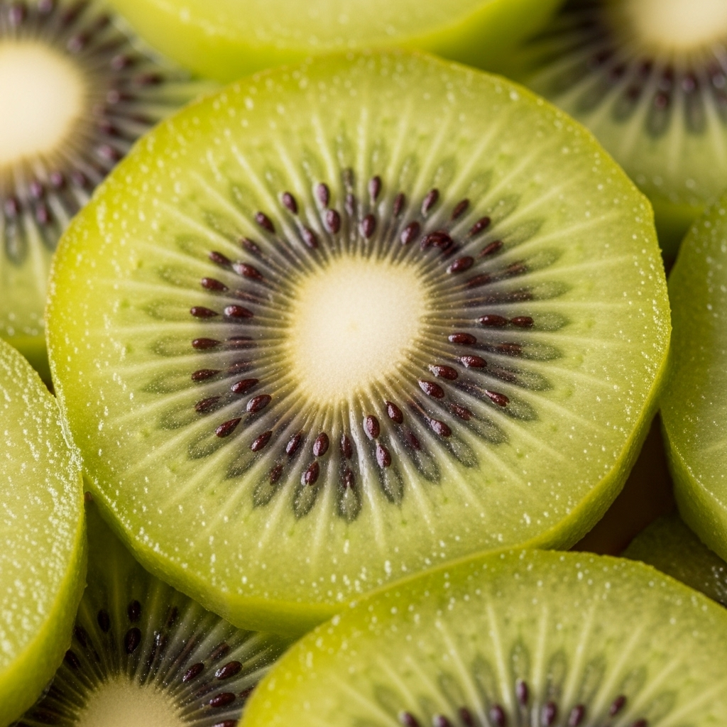 Close-up of a sliced organic kiwi, showcasing its juicy texture and tiny edible seeds.