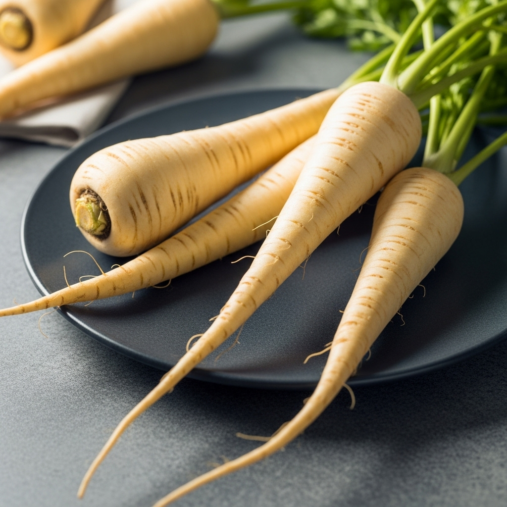 Another angle of fresh, whole parsnips, emphasizing their natural beauty and freshness.