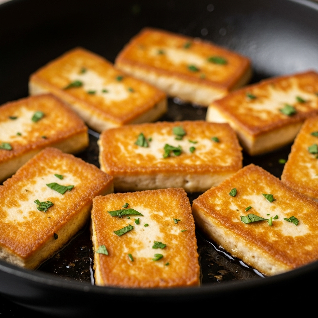 Close-up of golden-brown, pan-fried tofu cutlets in a skillet, ready for the piccata sauce.