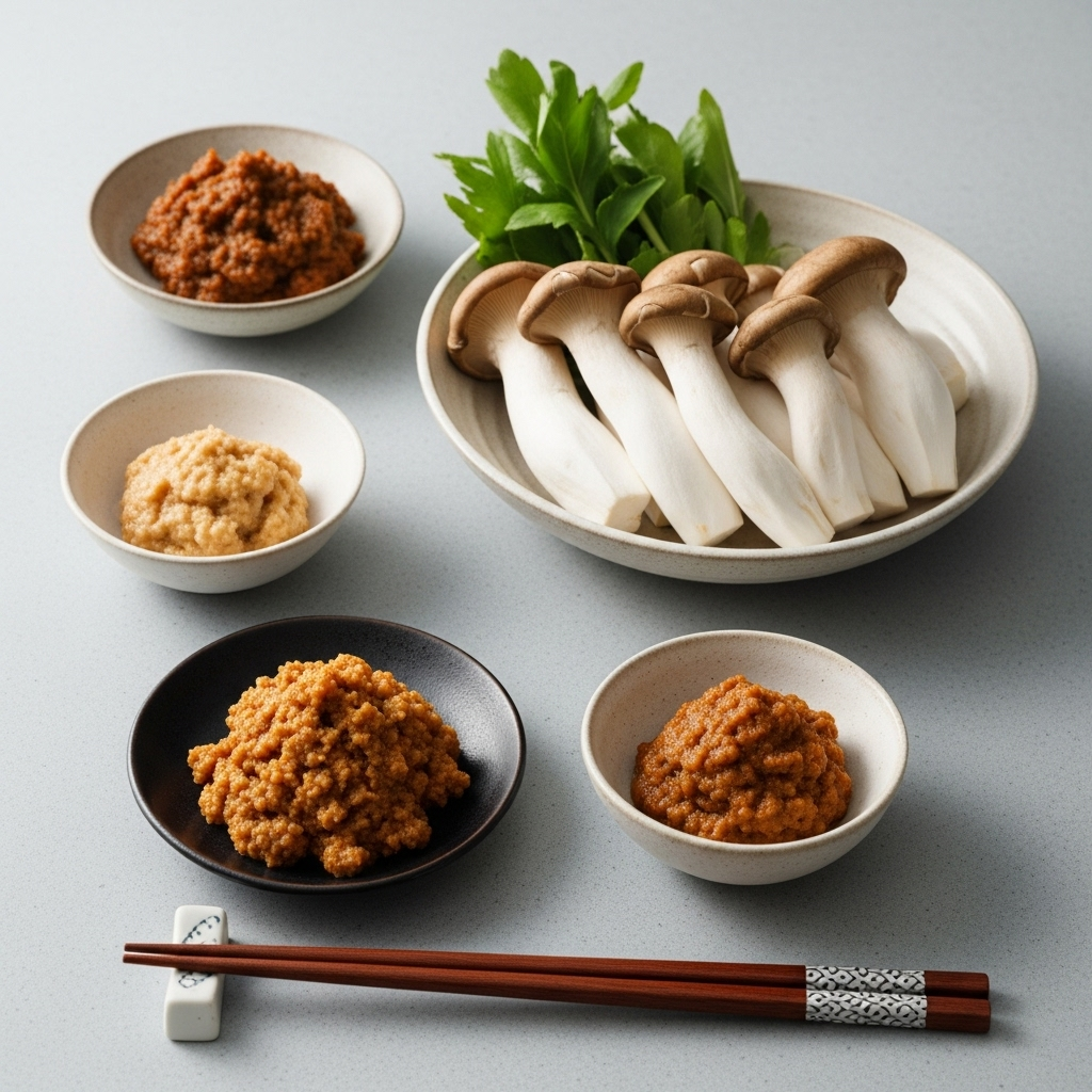 Visually appealing layout of King Oyster Mushrooms and Miso Paste, ready for preparation.