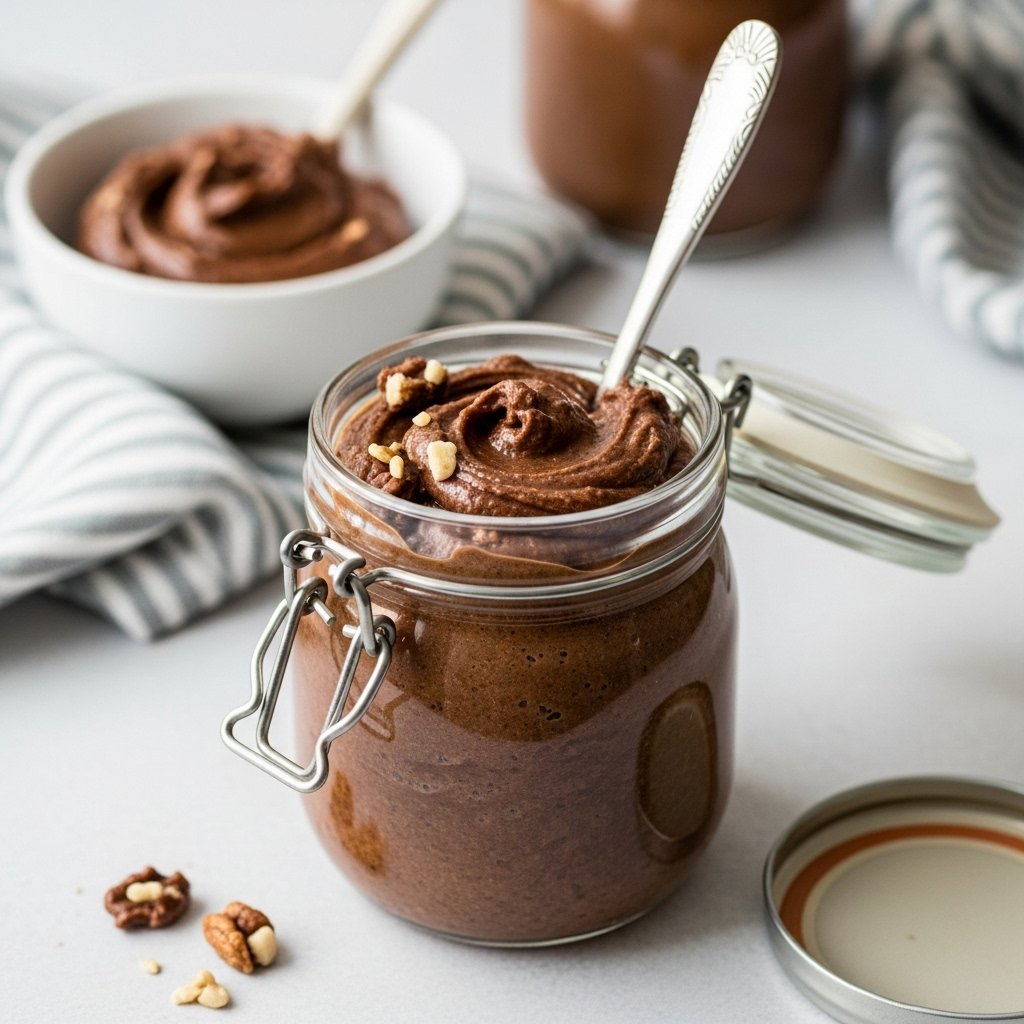 Creamy vegan chocolate nut butter in a jar.