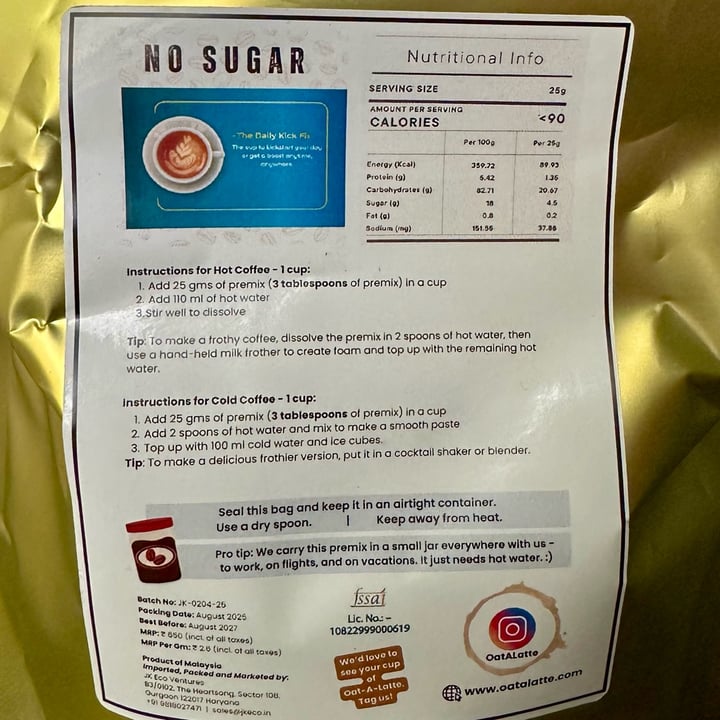 photo of Oat-A-Latte Coffee Premix — Sugar Free shared by @veganosaurus on  25 Sep 2025 - review