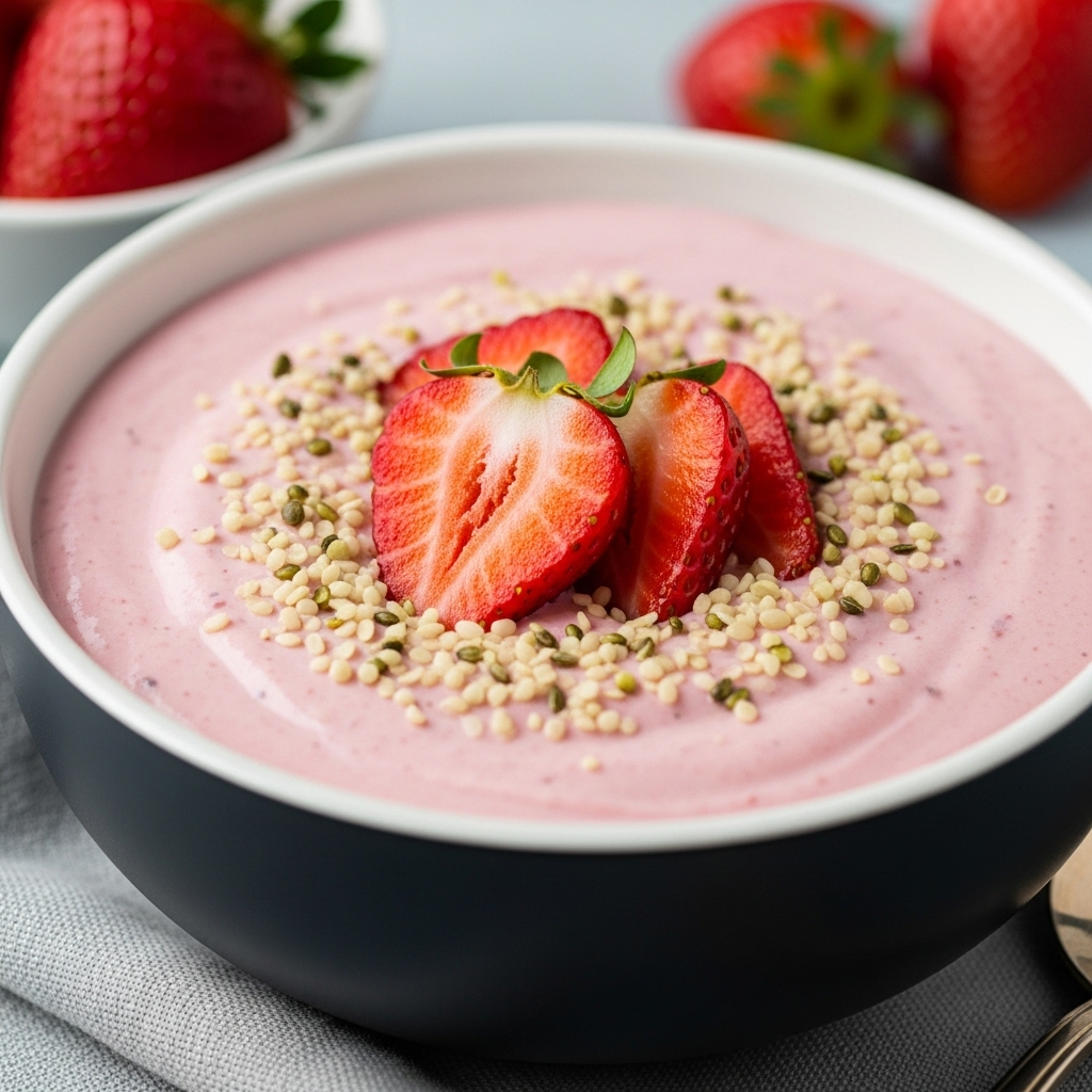 Close-up of a creamy pink vegan strawberry tofu pudding in a bowl, topped with fresh strawberries and hemp seeds.