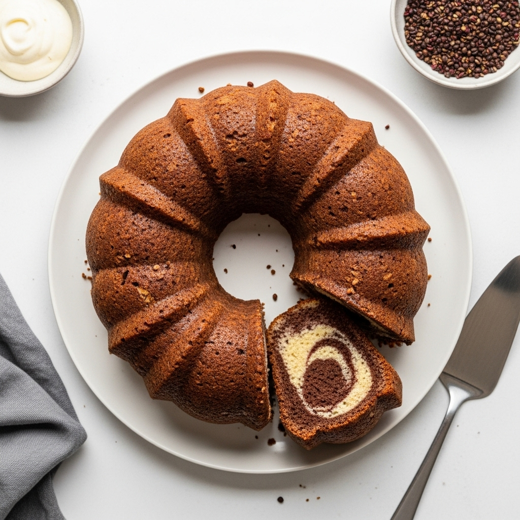 Overhead view of the vegan marble bundt cake on a white surface, ready to be served.