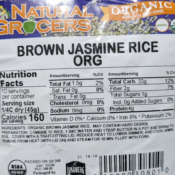 photo of Natural Grocers organic brown jasmine rice shared by @brtjohns on  29 Feb 2024 - review