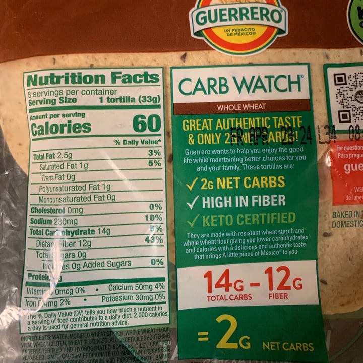 photo of Guerrero Carb Watch Whole Wheat Tortillas shared by @rochi09 on  25 Apr 2024 - review