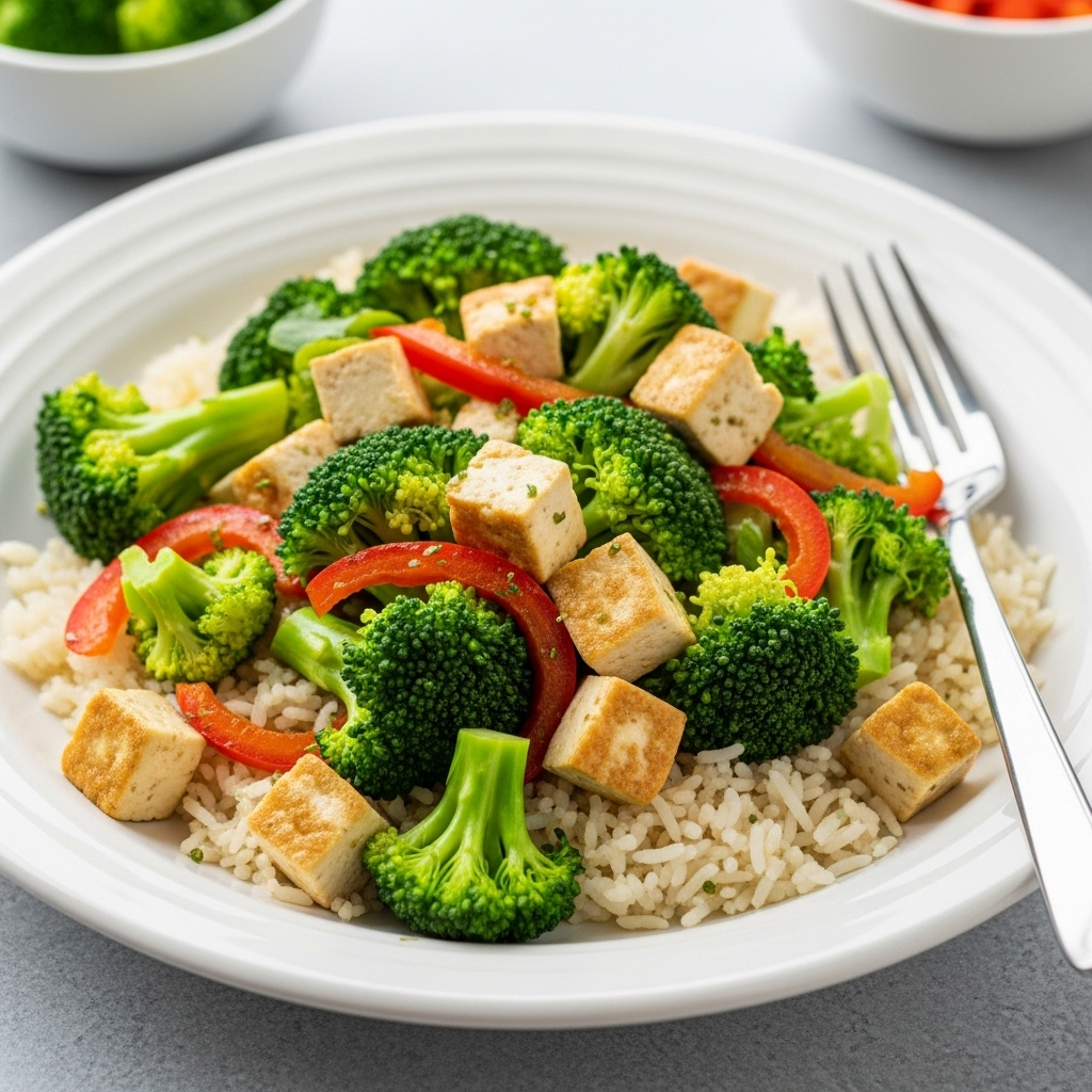 Vibrant Broccoli Tofu Stir Fry served over Basmati Rice
