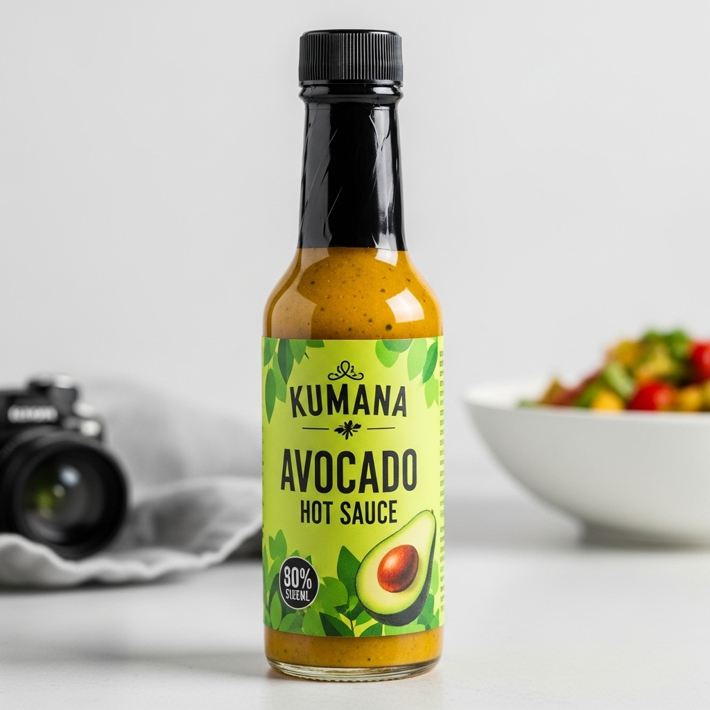 A close-up of the Kumana Avocado Hot Sauce bottle, highlighting its unique branding.