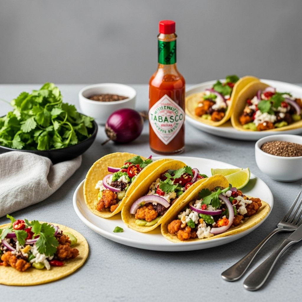 A vibrant spread of vegan fish tacos, fresh ingredients, and a bottle of hot sauce, ready to be enjoyed.