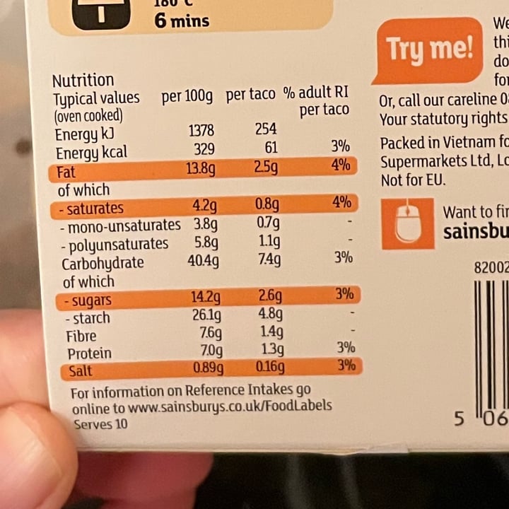 photo of Sainsbury's 10 Crispy Mini Mexican Inspired Vegetable Tacos shared by @ameriamber on  25 Aug 2025 - review