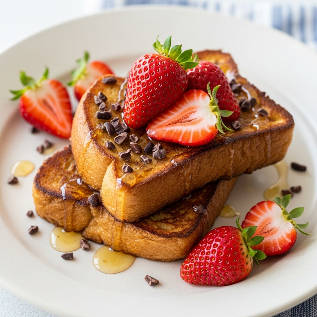 Golden brown vegan French toast topped with fresh strawberries, cacao nibs, and a drizzle of agave.