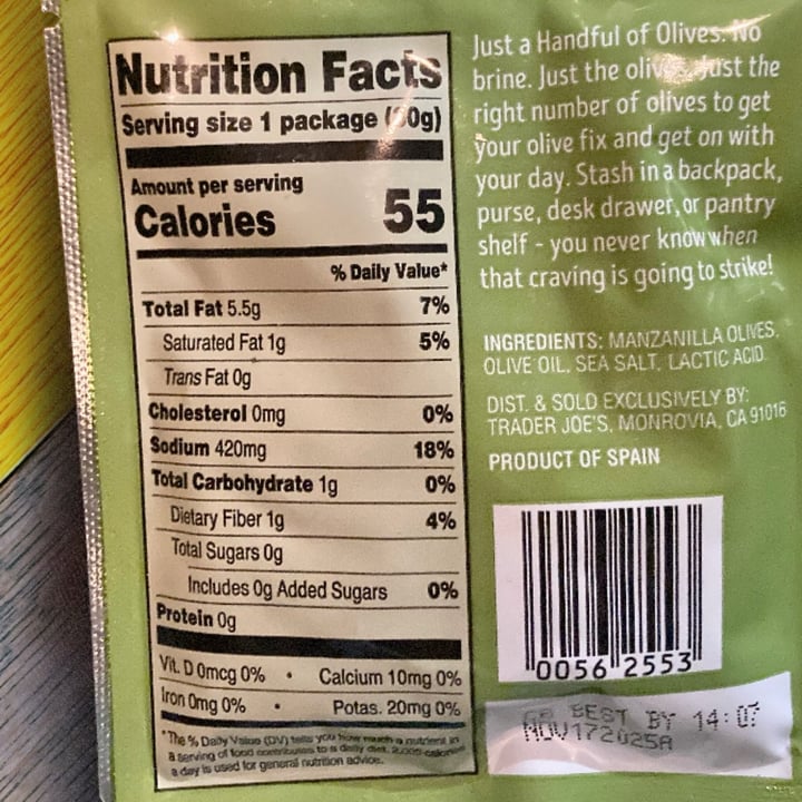 photo of Trader Joe's Just a Handful of Olives Pitted Salted Manzanilla Olives shared by @glutenfreevee on  28 Mar 2024 - review
