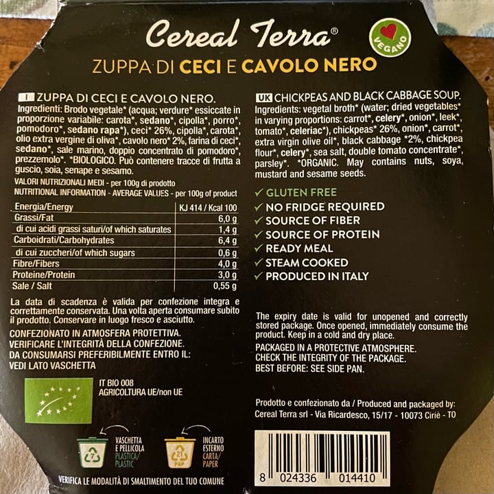 photo of Cereal Terra Zuppa Di Ceci E Cavolo Nero shared by @antonellaboschi on  19 Apr 2024 - review