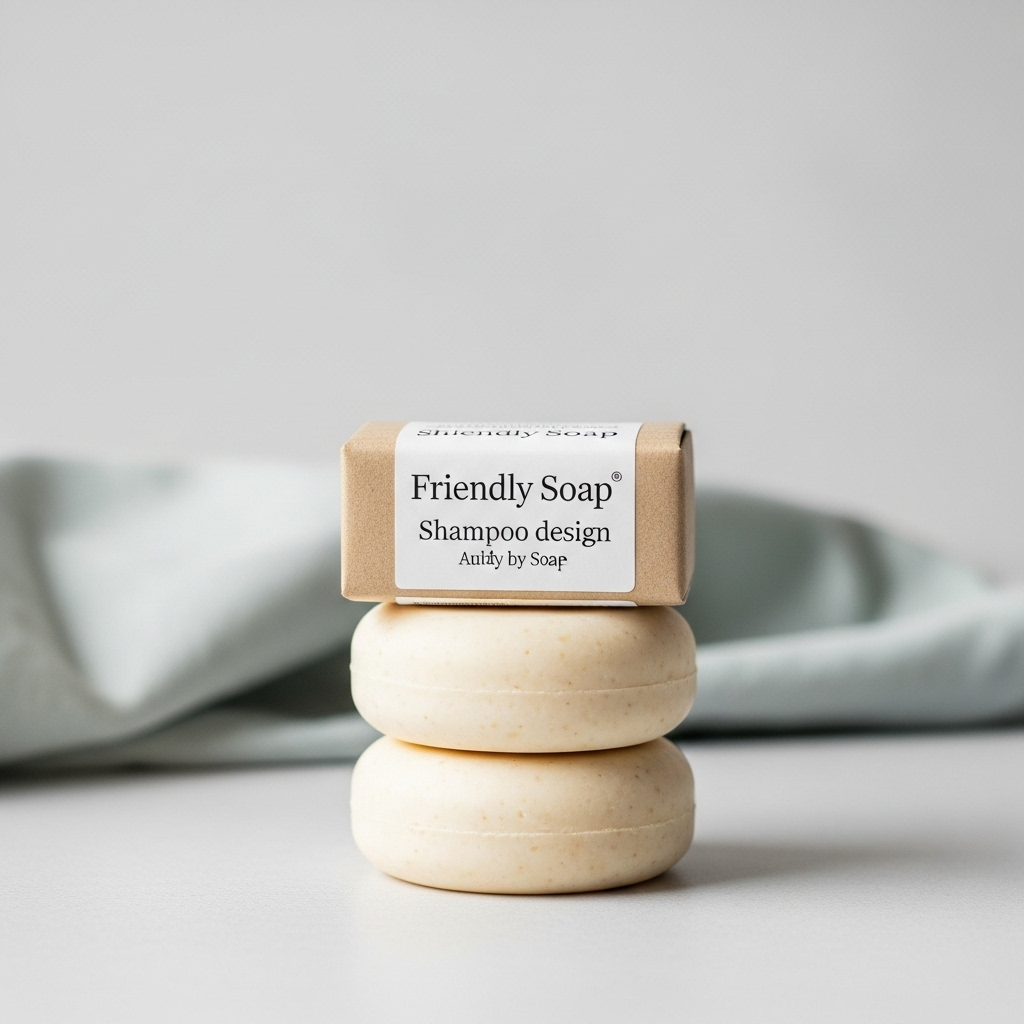 A neatly stacked trio of Friendly Soap shampoo bars, highlighting their compact and eco-friendly design.