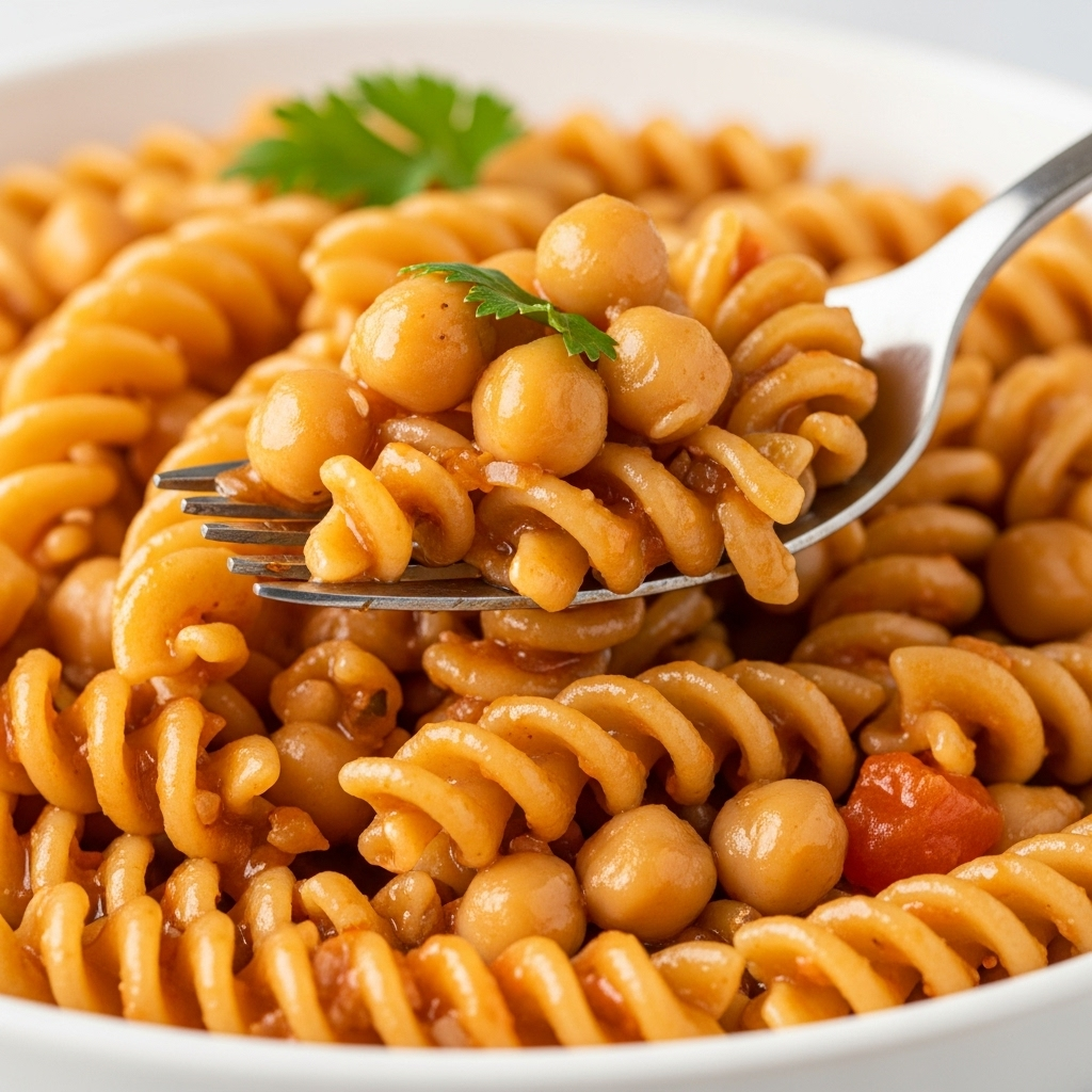 Close-up of chickpea rotini pasta absorbing the savory sauce.
