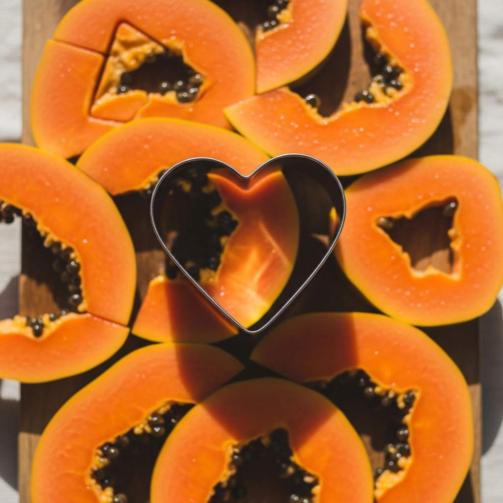 Visually appealing layout of fresh papaya slices and a heart-shaped cookie cutter
