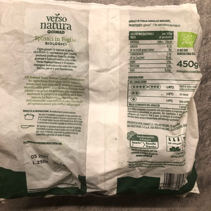 photo of Verso Natura Conad Veg Spinaci in foglie bio shared by @glottaveg93 on  12 Nov 2023 - review