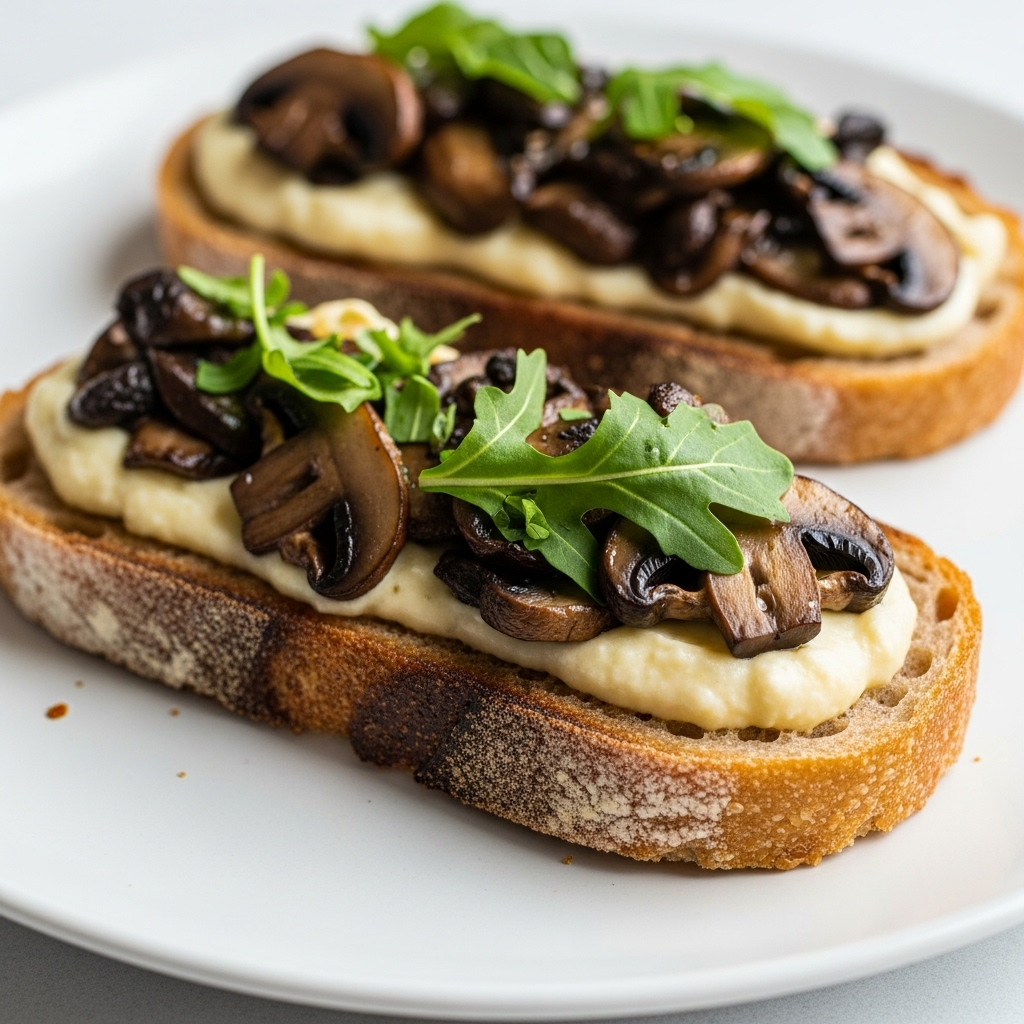 Close-up of freshly made Sourdough Mushroom Toast with toppings