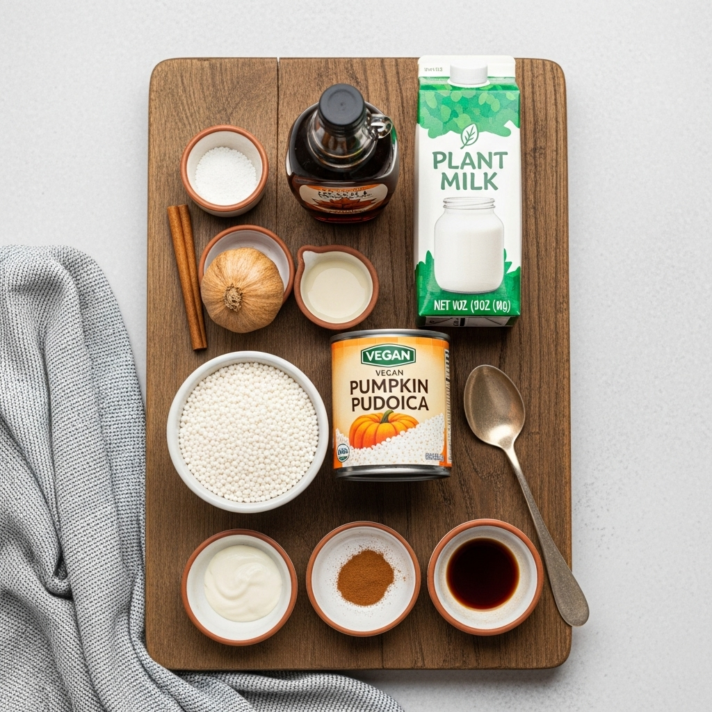 Visual representation of ingredients for Vegan Pumpkin Tapioca Pudding laid out on a rustic wooden board, including a small bowl of tapioca pearls, a can of pumpkin puree, a carton of plant milk, a bottle of maple syrup, and small dishes with cinnamon and vanilla extract, emphasizing freshness and simplicity.