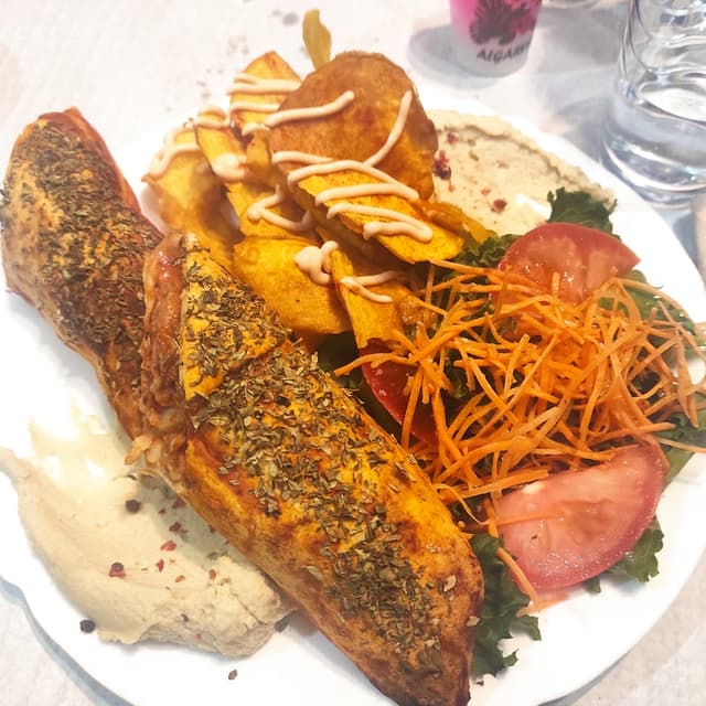 Photo of the dish “Simple wrap w/vegan sausage, vegan cheese and hummus, w/ sweet potato slices and salad”