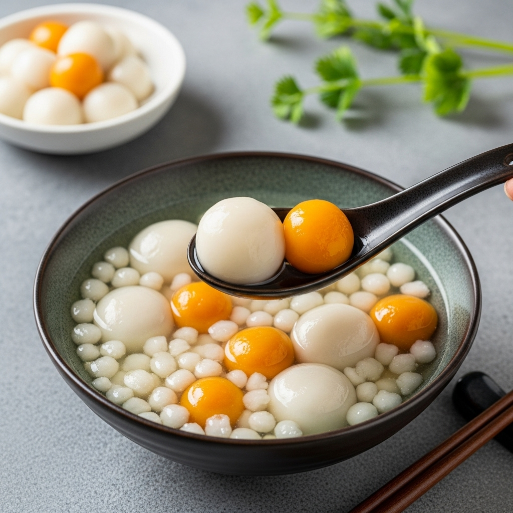 A bowl of warm, inviting vegan Tang Yuan (glutinous rice balls) in a sweet soup, perfectly cooked and ready to be enjoyed, symbolizing sweet reunion.