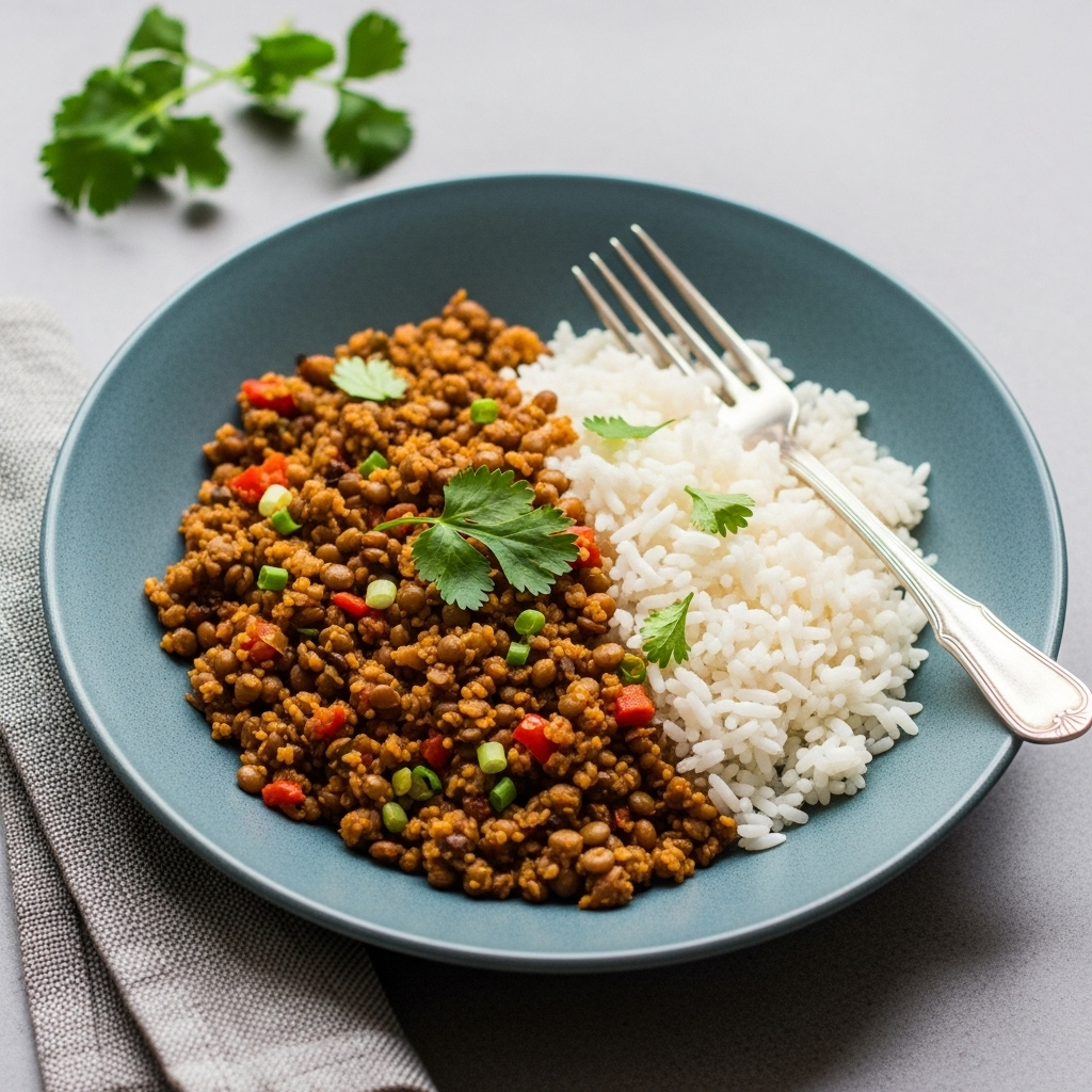 Crispy vegan lentils and rice ready to serve