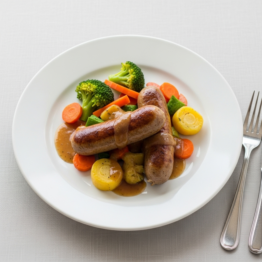 Plated roasted vegan sausages with vegetables and gravy