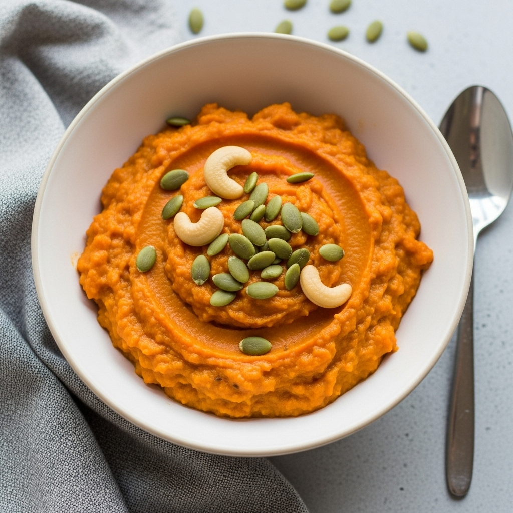 A bowl of the finished Sweet Potato & Cashew Pudding garnished with pumpkin seeds.