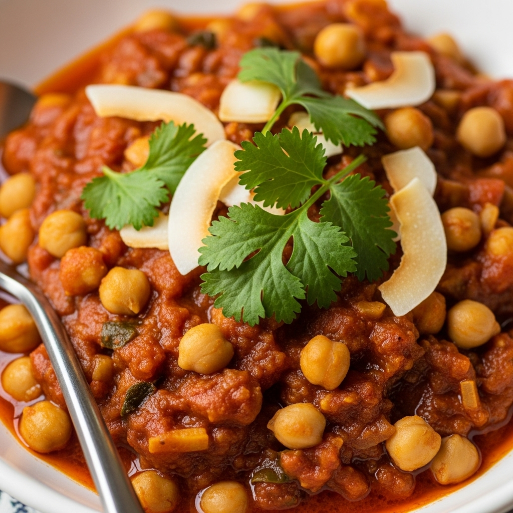 A close-up of the finished Vegan Moroccan Chickpea Tagine in a serving bowl, garnished with fresh coriander and coconut chips, showcasing its rich, stew-like texture and bright colors.
