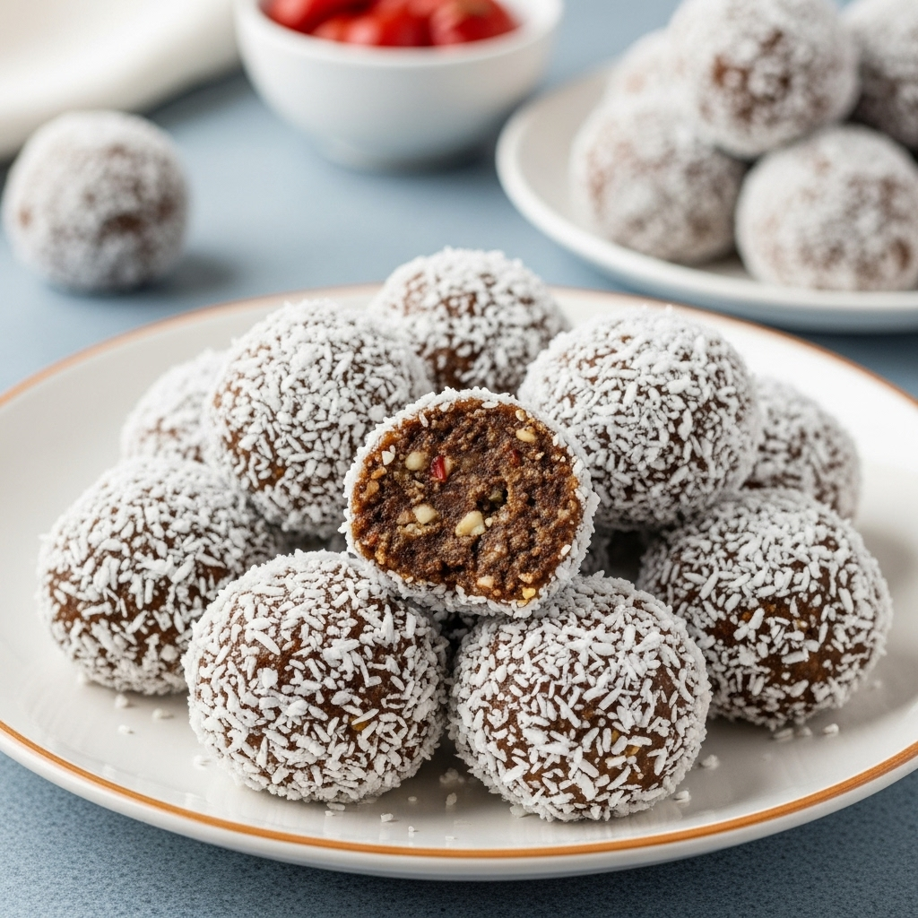 Freshly rolled Vegan Energy Balls coated in shredded coconut flakes, arranged beautifully on a plate, ready to be enjoyed.