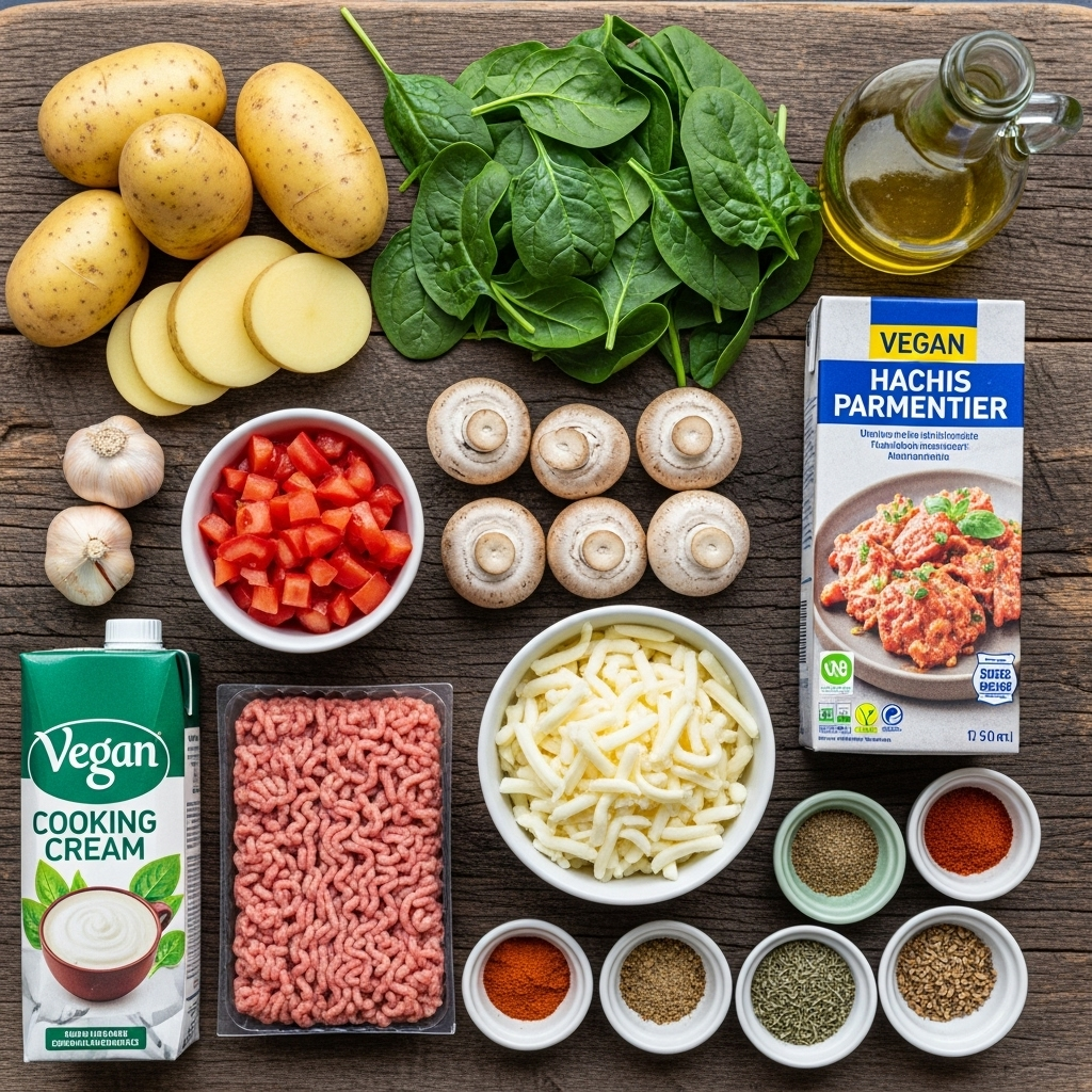 Visually appealing layout of all fresh ingredients for Vegan Hachis Parmentier, including potatoes, spinach, mushrooms, diced tomatoes, a package of vegan ground meat, a bowl of vegan mozzarella shreds, cooking cream, olive oil, and various spices like smoked paprika and dried thyme, arranged neatly on a rustic wooden board with a cozy, inviting feel.