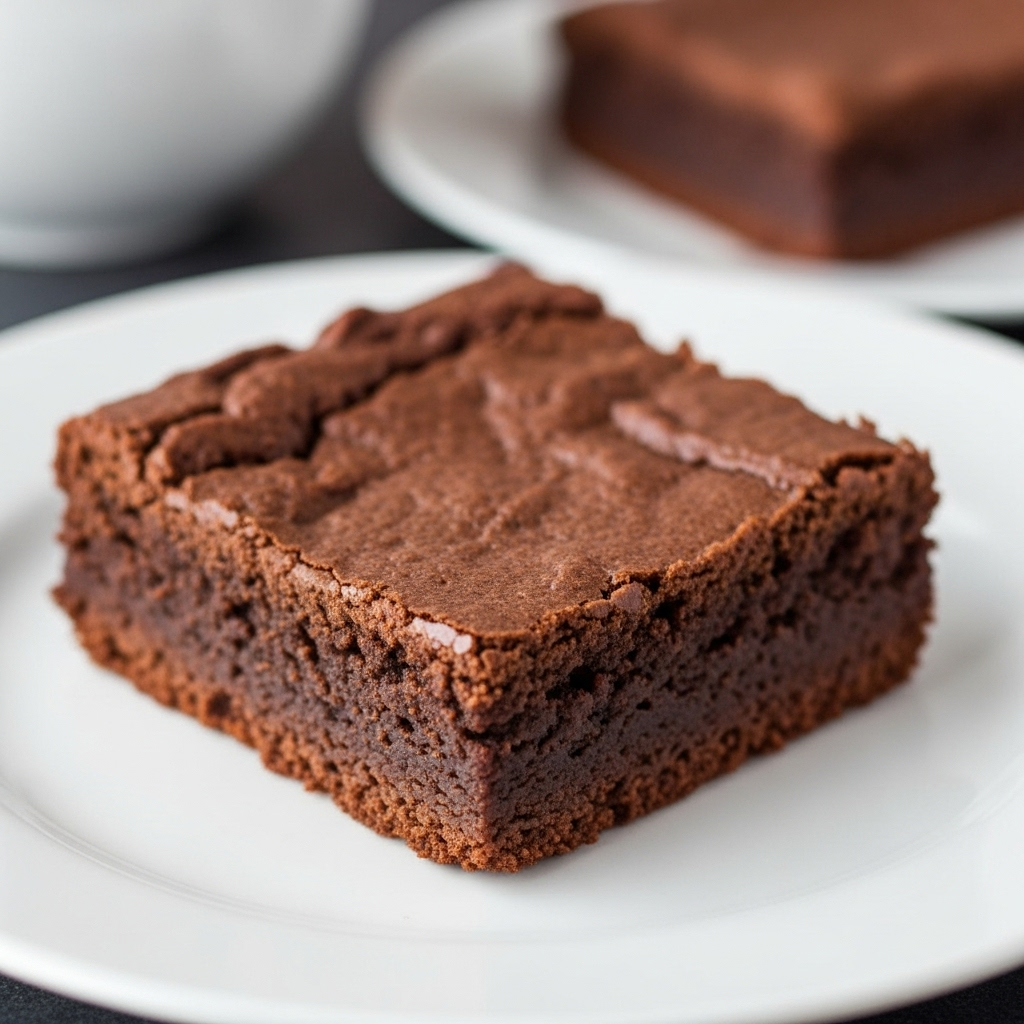 Close-up image of a single slice of fudgy vegan sweet potato brownie, showing the rich chocolate color and moist texture.
